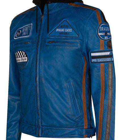 Mens Racing Hooded Leather Biker Jacket-Detroit - Blue