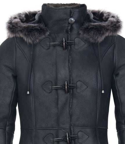 Womens Black Sheepskin Hooded Duffle Coat-Ottawa