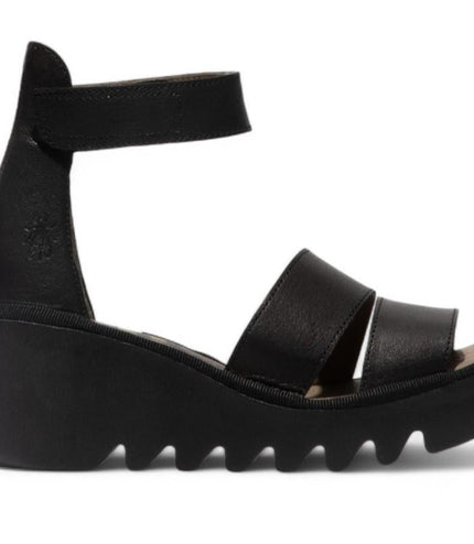Fly London Women's Bono290Fly Black Mousse Leather Wedge Sandals