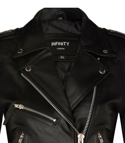Women's Cowhide Brando Leather Biker Jacket-Murcia - Black