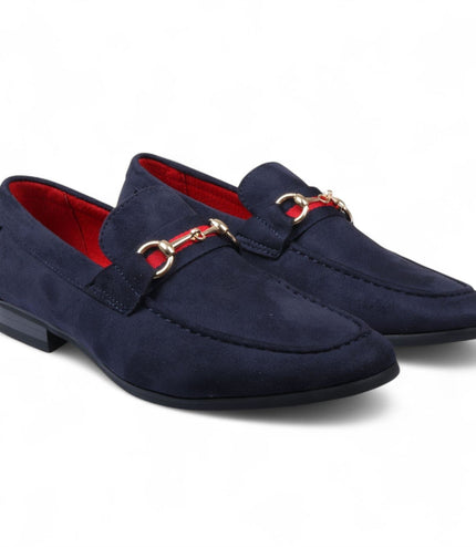 Men's Navy Suede Loafers with Gold Buckle Slip-On Dress Shoes