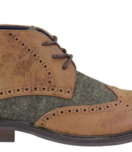 Mens Classic Tweed Oxford Brogue Ankle Boots In Tan Leather