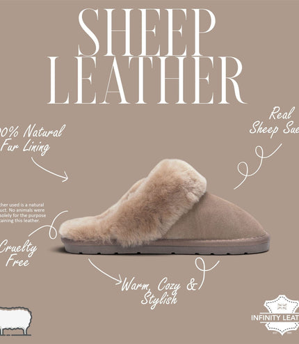 Women's Genuine Sheepskin Taupe Suede Mule Winter Slippers - Luna