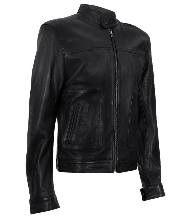 Men's Classic Fitted Leather Biker Jacket-Austin - Black