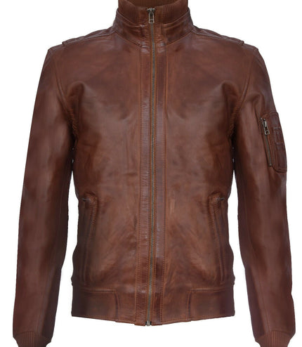 Mens Leather Varsity Bomber Jacket-Adana - Tan