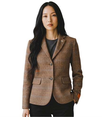 Women's Oak Brown Tailored Check Tweed Blazer Formal Jacket - TPSTZ-7