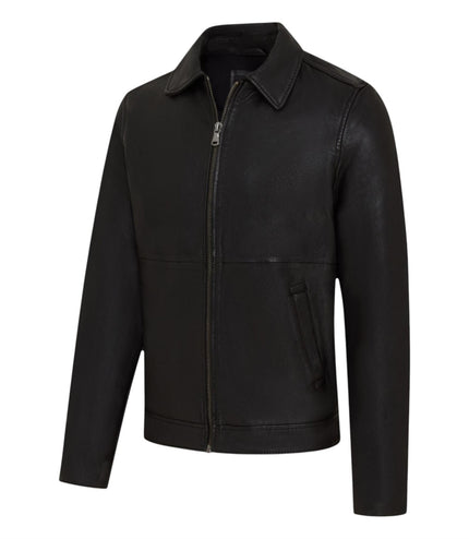 Mens Leather Black Harrington Collar Biker Jacket - Alpha