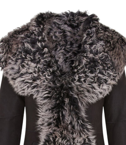 Womens Black Toscana Sheepskin Leather Hooded Trench Coat - Coast