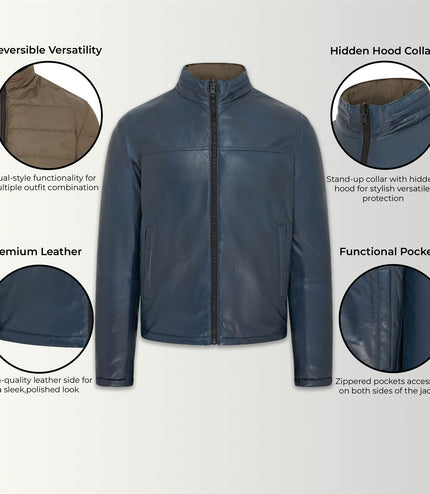 Mens Reversible Hooded Leather Jacket Premium Lambskin Napa - Blue/Khaki