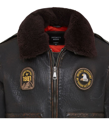 Men's Leather Bomber Sheepskin Collar G-1 Aviator Jacket - Linear - Black