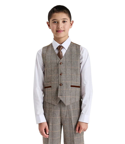 Boys Brown Tailored Fit Tweed 3 Piece Formal Suit - Harris