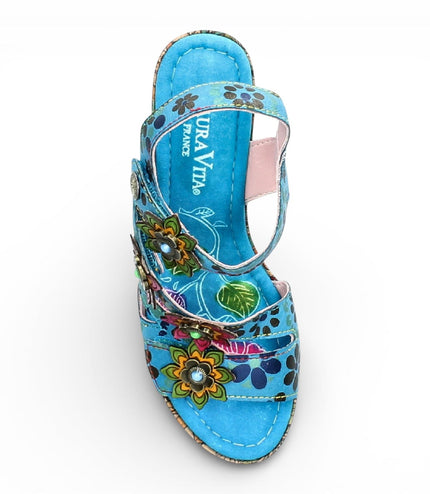 Laura Vita Women's Nellao 33 Blue Floral Leather Wedge Heel Espadrille Sandals