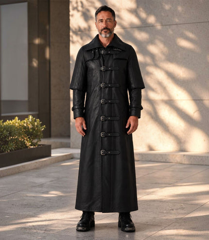 Mens Black Leather Full Length Buckle Gothic Long Trench Coat - Captain
