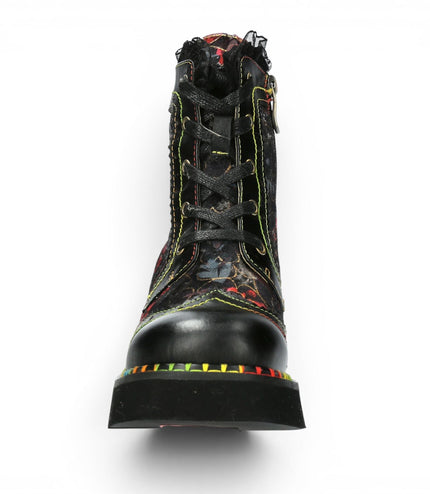 Laura Vita Women's Gothic Floral Black Leather Combat Boots - Oyao-11