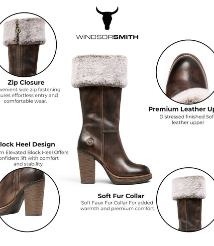 Windsorsmith Womens Mid Calf Brown Leather High Heel Fur Boots - Lovestruck