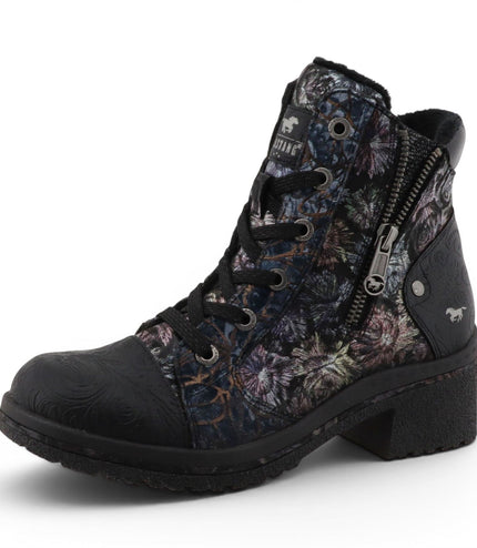 Mustang Women's Black Floral Lace-Up Winter Ankle Boots - M0092001