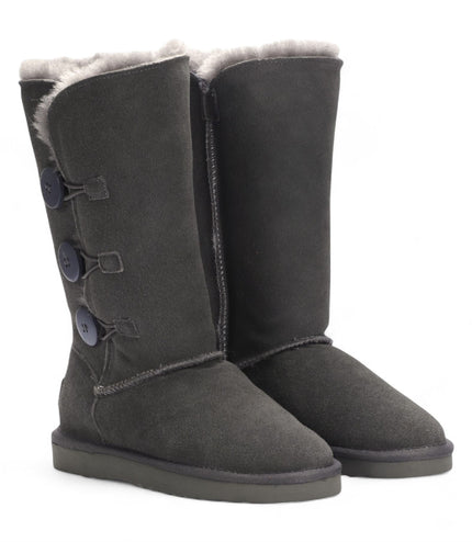Women's Sheepskin Suede Grey Button Warm Winter Calf Boots - Willow