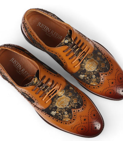 Justin Reess Men's Brown Leather Floral Print Brogue Dress Shoes - Ross