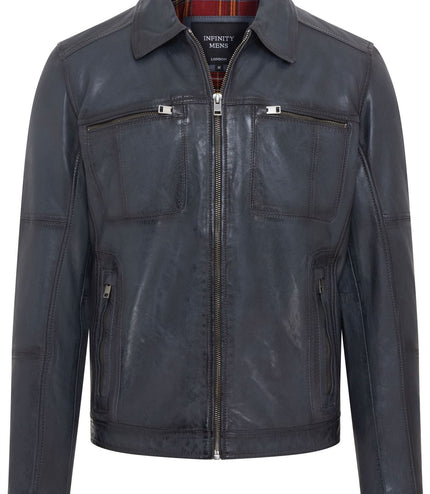 Men's Vintage Classic Short Soft Leather Biker Jacket - Navy