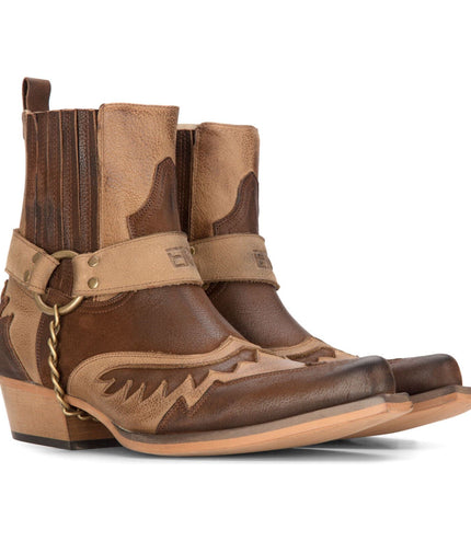 Mens Leather Cowboy Ankle Boots Brown Cuban Biker Winklepickers Western Country