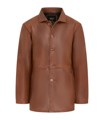 Men's Tan Leather Long Collared Car Coat Jacket - Berry