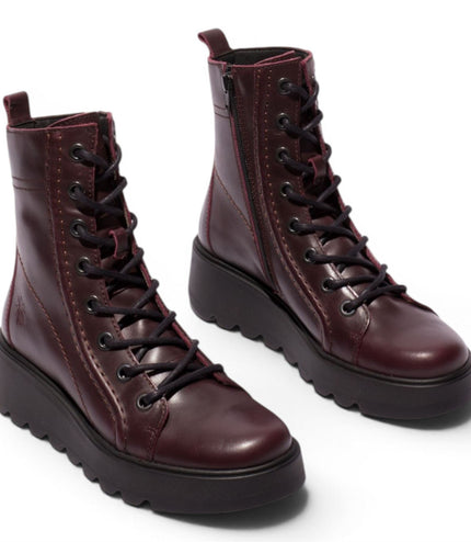 Fly London Womens Wine Leather Lace-Up Wedge Heel Combat Boots - TERY554