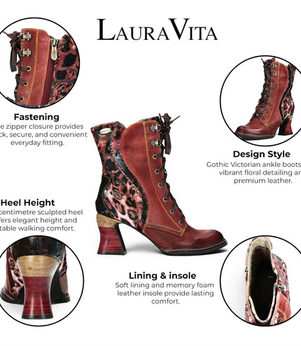 Laura Vita Women's Goth Victorian Floral Wine Leather Lace-Up Heeled Boots - Eleao-42