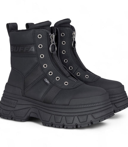 Buffalo Womens Black Chunky Platform Front Zip High Ankle Combat Boots - Fusion