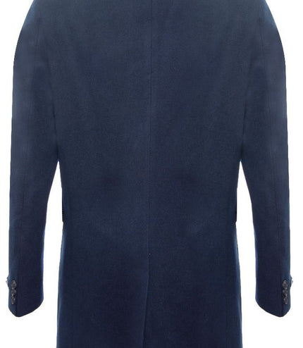 Men's Long Navy Wool Slim Fit Overcoat