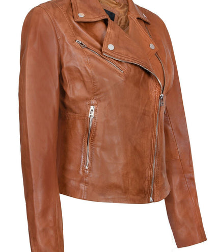 Womens Leather Biker Jacket-Zanzibar - Tan