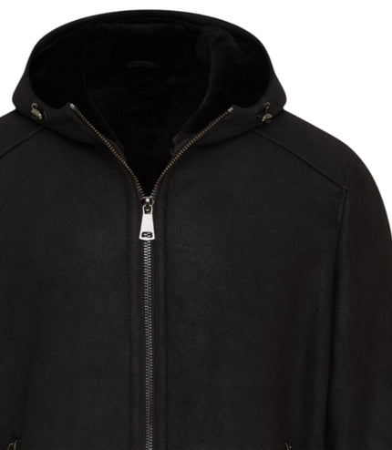 Mens Black Sheepksin Hooded Shearling Bomber Jacket - Benalla