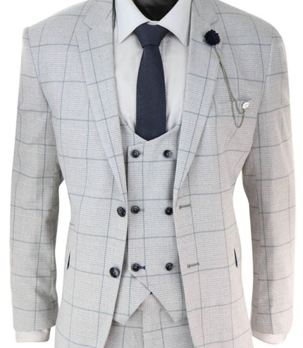 Mens 3 Piece Light Grey Check Tweed Vintage Retro Classic Suit