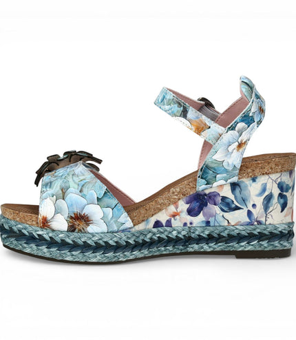 Laura Vita Women's Facyo 75 Blue Floral Leather Wedge Espadrille Sandals