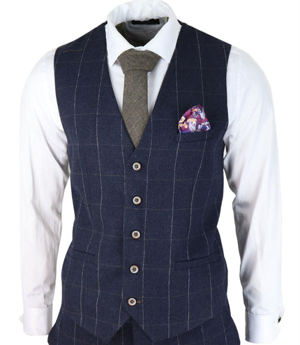 Mens 3 Piece Wool Suit Navy Blue Tweed Check Peaky Blinders 1920 Gatsby Formal