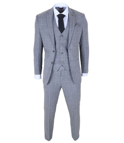 Men's 3-Piece Grey Classic Check Suit Slim Fit Plain Formal Party Suit