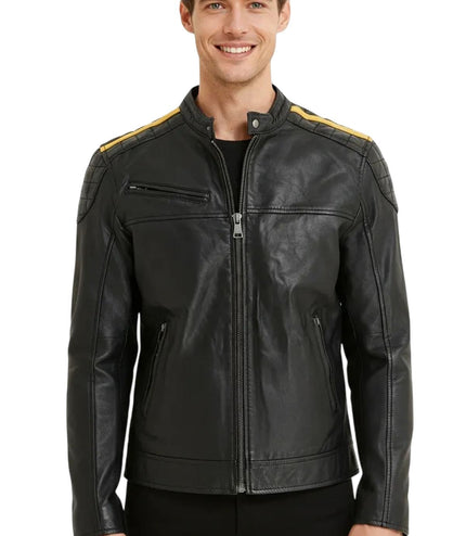 Men's Classic Quilted Black Yellow Leather Biker Jacket - Meridian