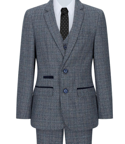 Boys 3 Piece Blue Tweed Check Vintage Retro Suit