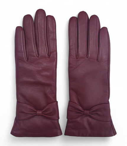 Womens Burgundy Red Italian Leather Winter Bow Design Soft Wool Lining Gloves - L-GLV-401