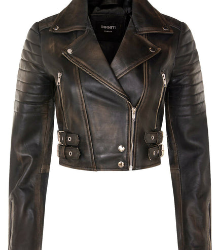 Womens Cropped Brando Leather Biker Jacket-Damascus - Vintage Black