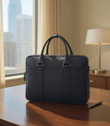 Genuine Leather Navy Laptop Business Briefcase Office Work Travel Bag - Sutton