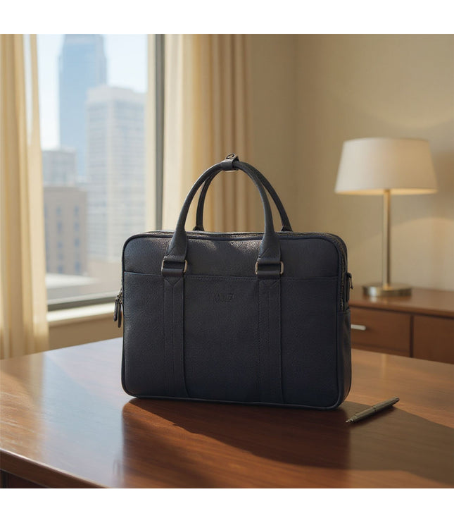 Genuine Leather Navy Laptop Business Briefcase Office Work Travel Bag - Sutton