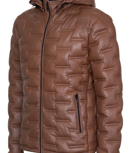 Men's Hooded Puffer Quilted Bomber Leather Jacket - BelÃ©m - Tan