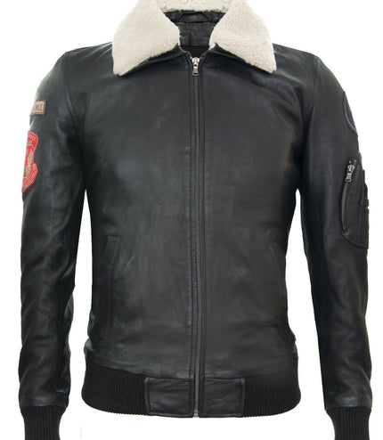 Black Leather Air Force Bomber Jacket with Detachable Collar - Valletta