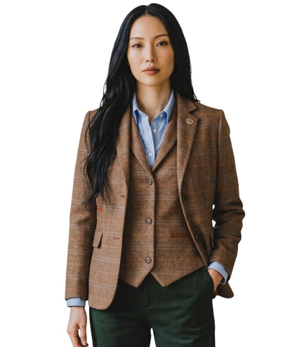 Women's Oak Brown 2 Piece Check Formal Tweed Blazer & Waistcoat Set - TPSTZ-7
