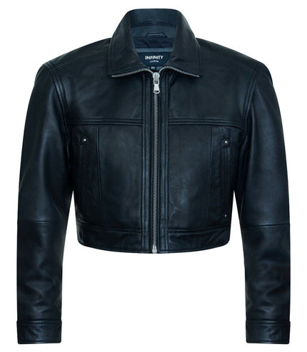 Womens Black Cropped Biker Leather Jacket - Dubai