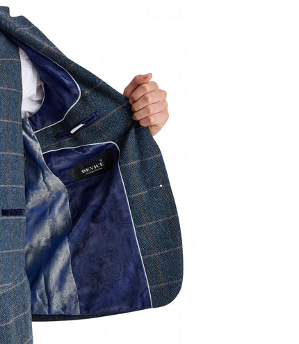 Men's Navy Tweed Herringbone Formal Check Blazer - Harris