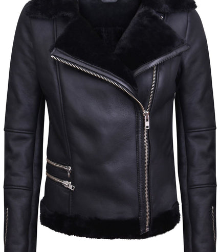 Womens Black Shearling Sheepskin Aviator Jacket-Kiev