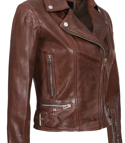 Womens Leather Biker Jacket-Stockholm - Brown