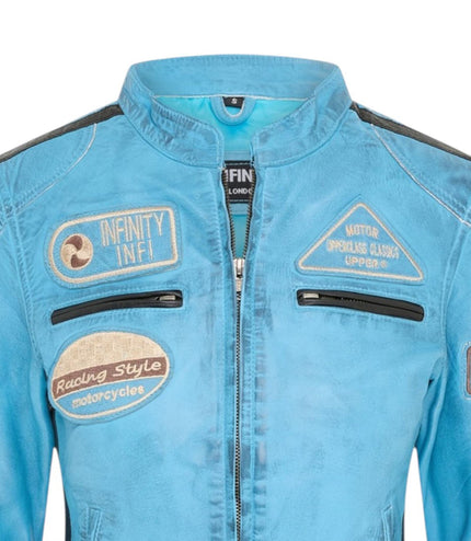 Womens Biker Racing Badges Leather Jacket-Eastleigh - Baby Blue