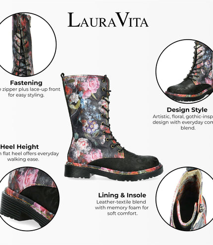 Laura Vita Incaso-18 Black Floral Womens Gothic Victorian Leather High Boots